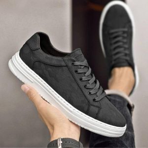 Men's Leather Casual Sneakers with Texture Camo Design